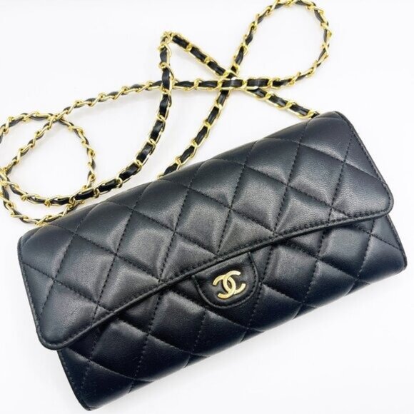 CHANEL Lambskin Quilted Leather Wallet Chain Flap Black Purse Tote - Picture 3 of 10